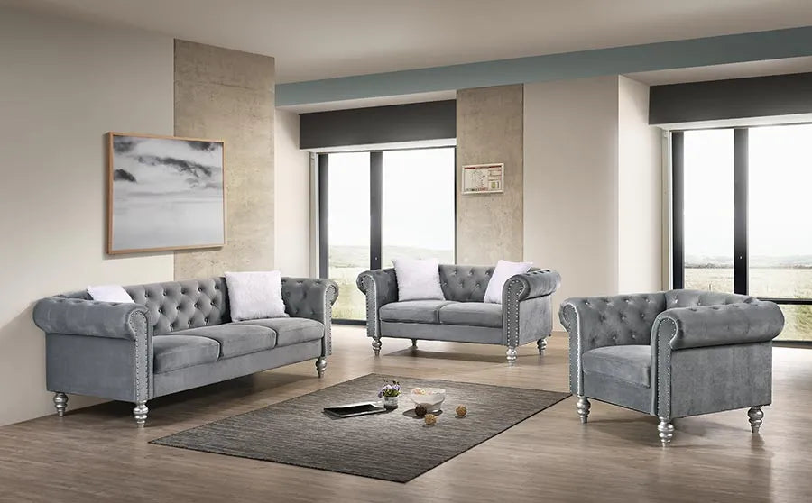 SKU 2074 -Grey Velvet Sofa/Loveseat/Chair SET