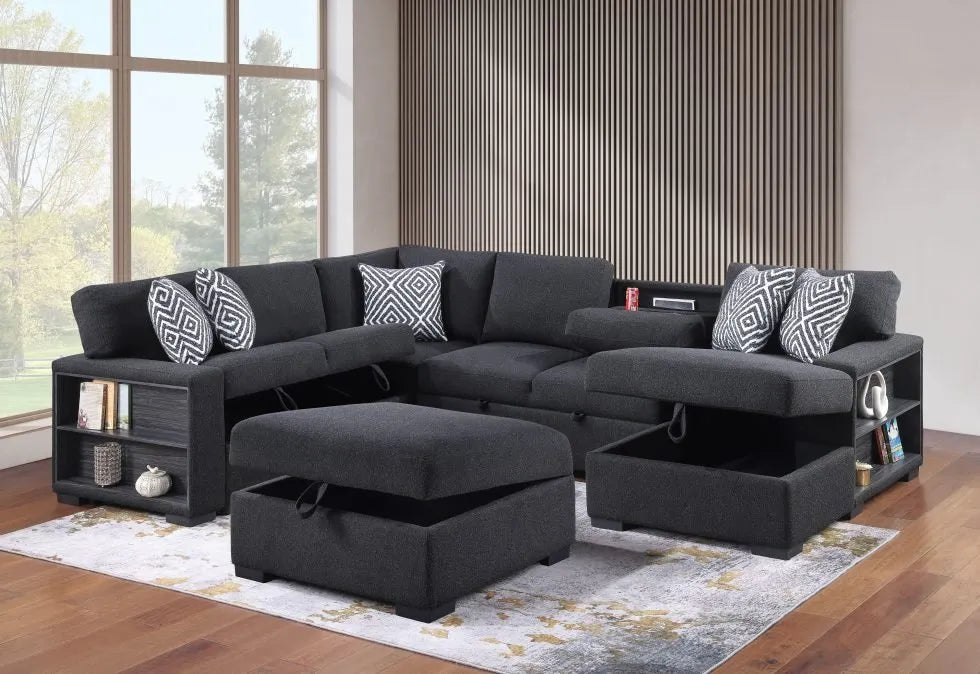 SKU 3590 - Black Tweed Sleeper Sectional