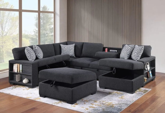 SKU 3590 - Black Tweed Sleeper Sectional