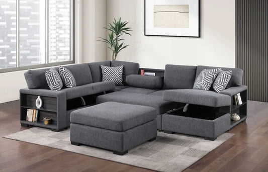 SKU 3596 - Charcoal Tweed Sleeper Sectional